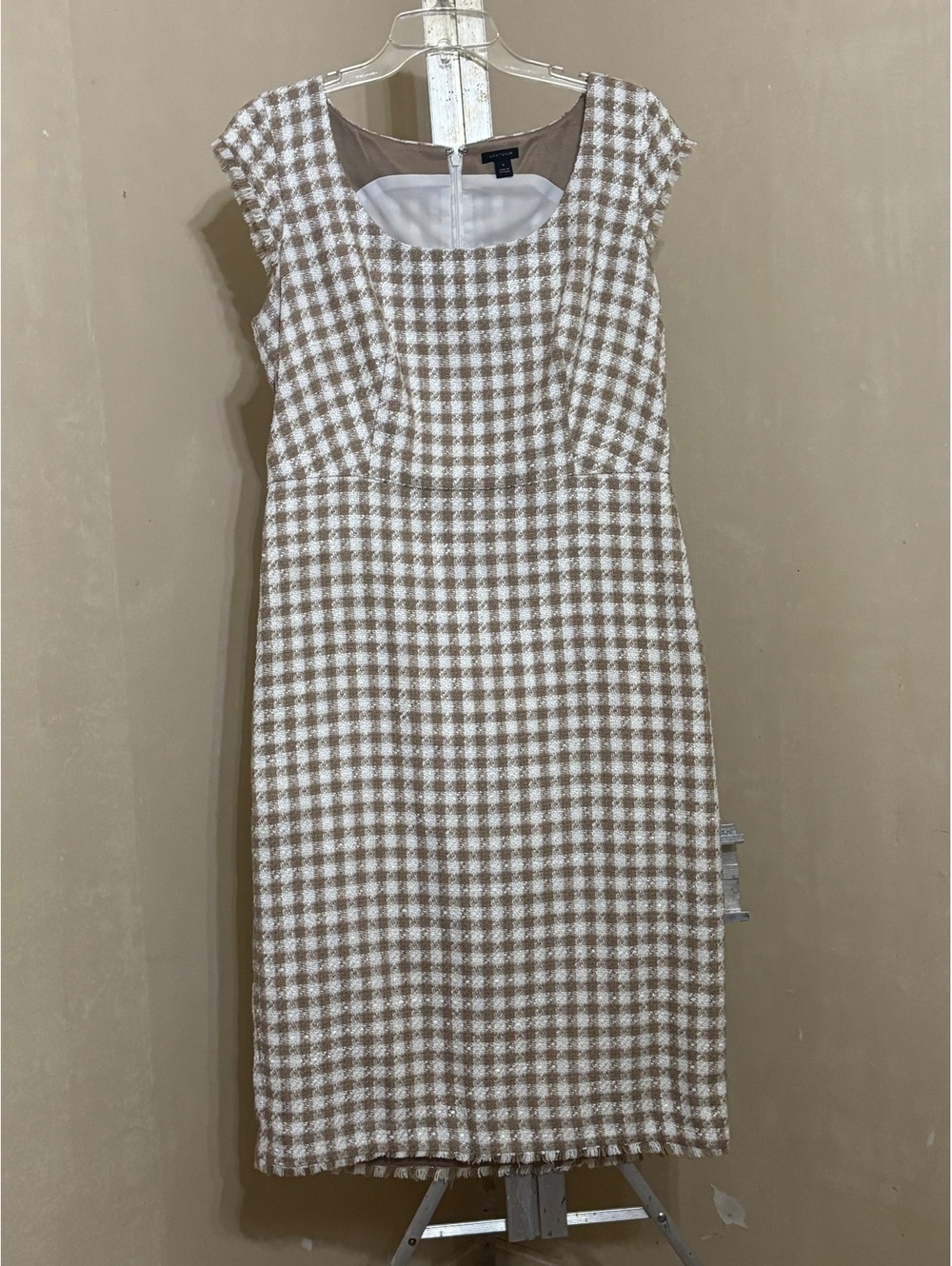 Ann Taylor Brown and Cream Houndstooth Cap Sleeve Sheath Dress